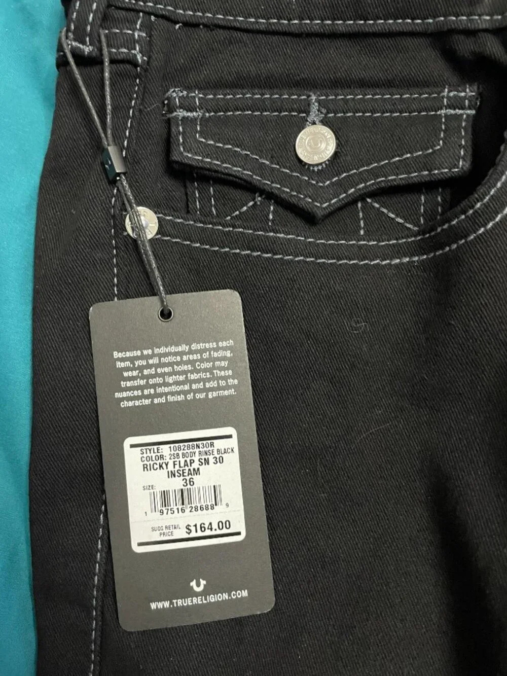 True Religion Mens Ricky SN Flap Relaxed Straight Jeans Men’s 36 36x30 Black NWT